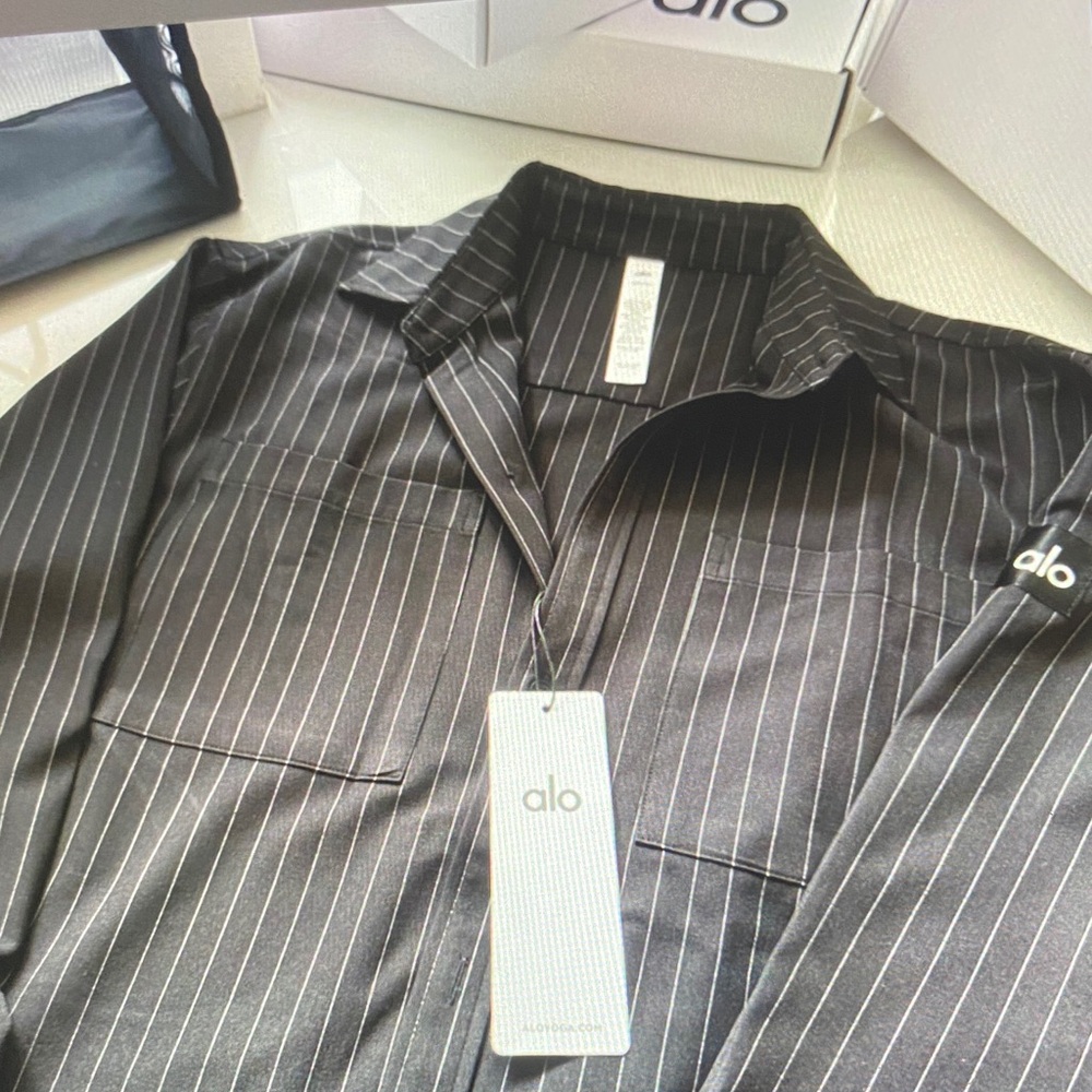 ALO Yoga Black Pinstripe Satin Button-Up Top - Picture 2 of 7